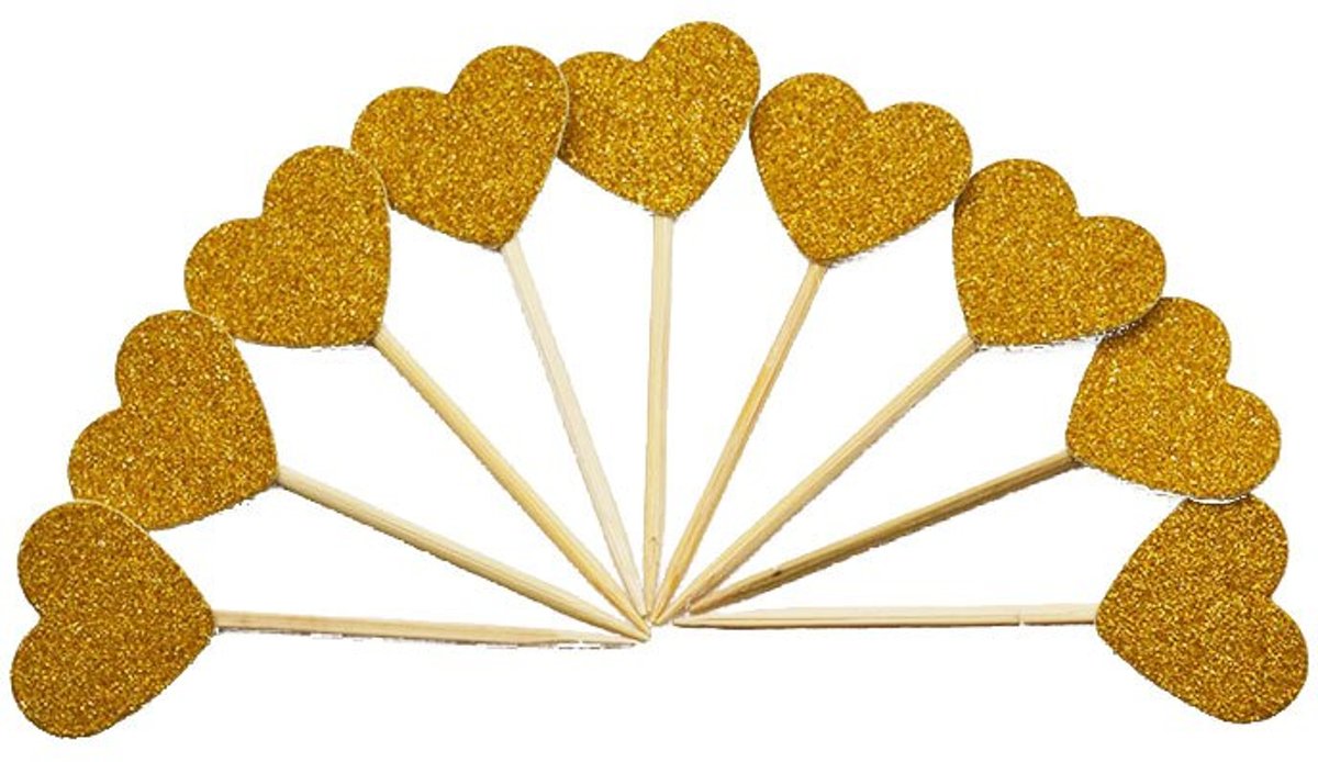 40 Stuks Cocktailprikkers Glitter Hartjes | Goud | Verjaardag | Feest Accessoires